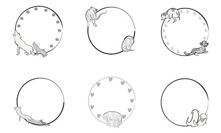 Japanese-style circular frame of hand-painted cute animalsのイラスト素材