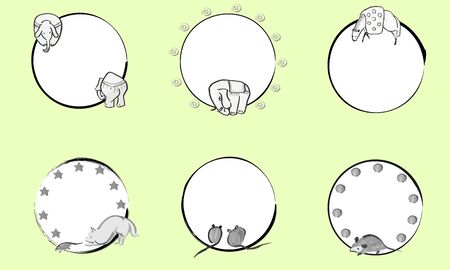 Japanese-style circular frame of hand-painted cute animalsのイラスト素材