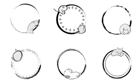 Japanese-style circular frame of hand-painted cute animalsのイラスト素材