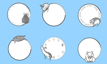 Japanese-style circular frame of hand-painted cute animalsのイラスト素材