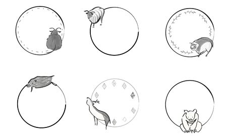 Japanese-style circular frame of hand-painted cute animalsのイラスト素材