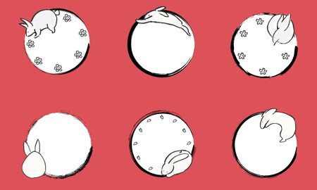 Japanese-style hand-painted frame of drawn cute rabbit and brushのイラスト素材