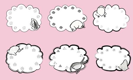 Japanese-style hand-painted frame of painted cute frog and brushのイラスト素材