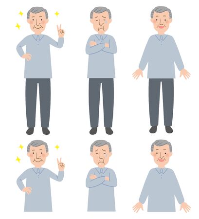 Peace sign, crying, upper body and the whole body of vector illustration set of bright expression of Grandpaのイラスト素材