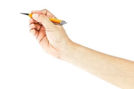 hand and pen on white backgroundの写真素材