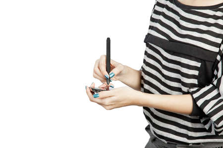 women touching phone modern mobile and penの写真素材