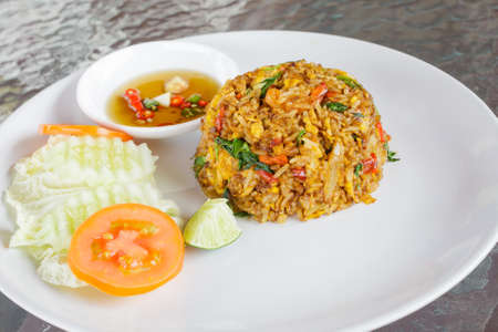 Thailand traditional food, fried rice with chili and shrimpの写真素材