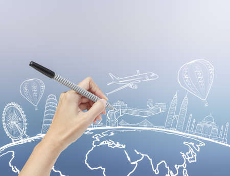 hand drawing the dream travel around the worldの写真素材