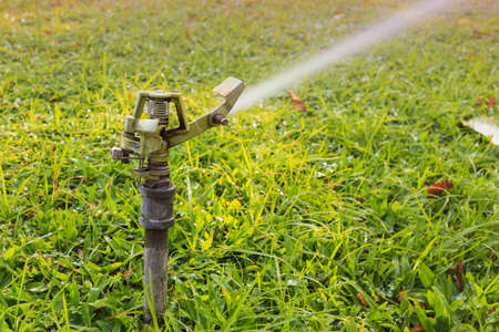 sprinkler head watering the flowers and grassの写真素材