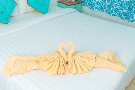 Towel folded in swan shapeの写真素材