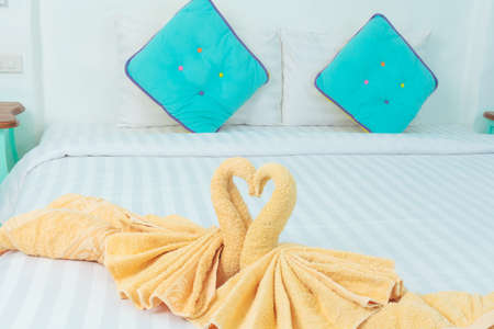 Towel folded in swan shapeの写真素材