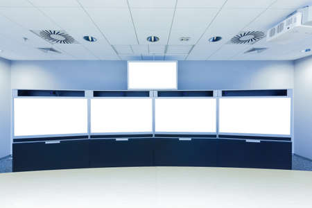 teleconferencing, video conference and telepresence business meeting room with blank screen display monitorの写真素材