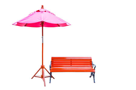 Park bench and big colorful umbrella isolated on white backgroundの写真素材