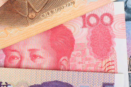 Chinese or 100 Yuan banknotes money  from China's currency, close up view as backgroundの写真素材
