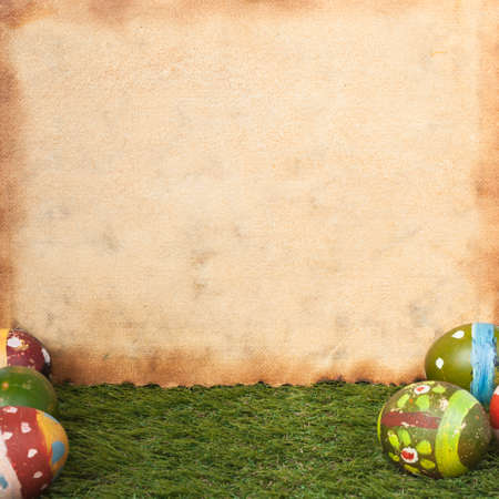 Happy easter eggs festival event on grass and grunge paper,can use as backgroundの写真素材