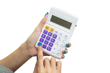 female hand holding calculator for compute formula, business financial or shopping concept isolated on white backgroundの写真素材