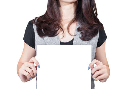 Business woman holding blank white card paper at front with copy space on white backgroundの写真素材