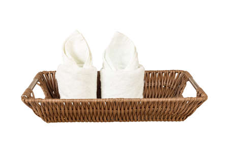 white towel in basket for spa isolate backgroundの写真素材
