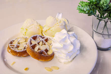 waffle with ice cream, chocolate and vanilla on white plateの写真素材