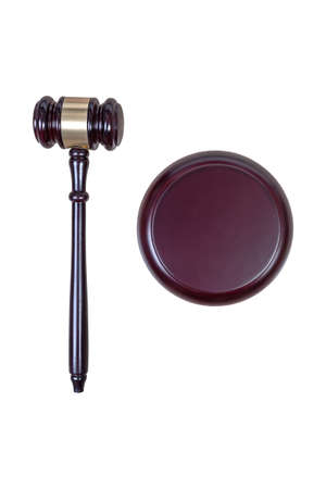 Justice hammer or judge gavel made from wooden isolated on white backgroundの写真素材