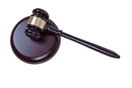 Justice hammer or judge gavel made from wooden isolated on white backgroundの写真素材