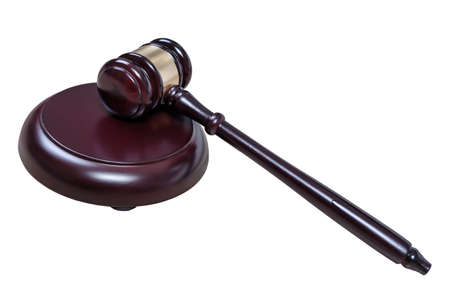 Justice hammer or judge gavel made from wooden isolated on white backgroundの写真素材