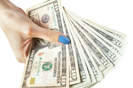 Money in the hand, Hand with money, Hand holding Banknotes and counting for give or pay bill, can use as financial or business backgroundの写真素材