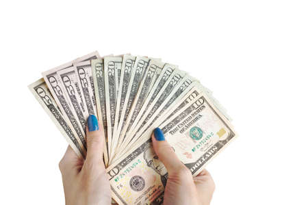 Money in the hand, Hand with money, Hand holding Banknotes and counting for give or pay bill, can use as financial or business on white backgroundの写真素材