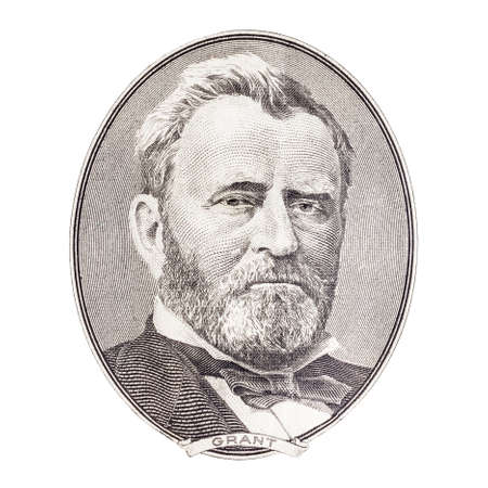 "Ulysses S. Grant" face on US fifty or 50 dollars bill macro, united states money closeup on white backgroundの写真素材