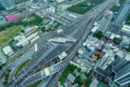 aerial view of transportation traffic express way road in city, top and bird eyes view blur backgroundの写真素材