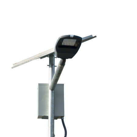 LED street lamps post with solar cell on white background closeupの写真素材
