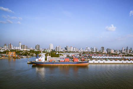 Aerial view container and cargo ship, import export, business logistic supply chain transportation concept and crane at international Port for shipping cargo top view backgroundの写真素材