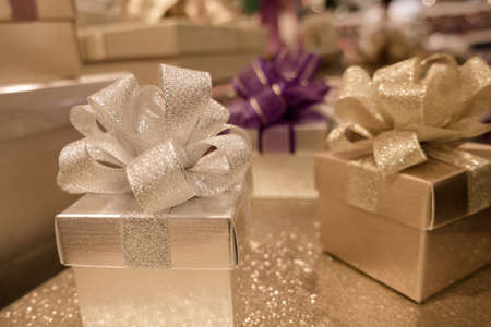 blur background of Gift box and ribbon bow for celebration festival event new year partyの写真素材