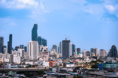 business cityscape area and modern building city and transportation urban area and blue sky of bangkok thailandのeditorial素材