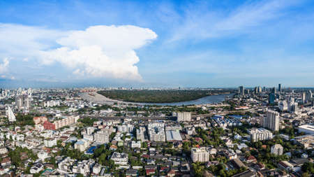 aerial view modern building business in city and big blue cloudy sky with transportation both road and river as panorama backgroundの写真素材