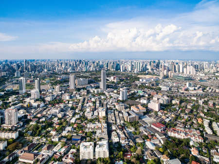aerial view modern building business in city and big blue cloudy sky with transportation both road and river as panorama backgroundの写真素材