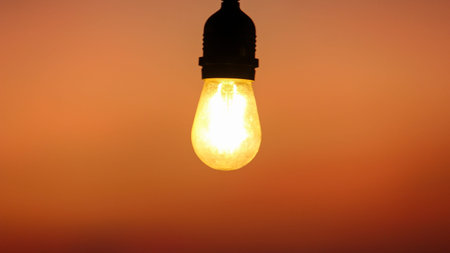 A single illuminated vintage-style light bulb with a visible filament, hanging against a soft, warm...