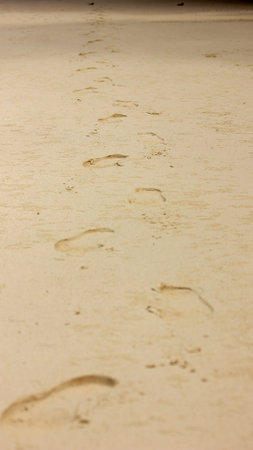 A series of human footprints clearly visible on light-colored sand, receding into the distance. The marks show a path on a beach or sandy terrain under natural light.の写真素材