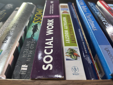 A low-angle, close-up shot of a collection of books standing upright on a wooden shelf. Visible titles include 'SOCIAL WORK', 'REVENUE MANAGEMENT HOSPITALITY INDUSTRY', 'Night Before Christmas', and 'DEAD MAN SWITCH'. Publisher logos such as HarperCollinsのeditorial素材