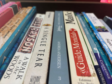 A close-up view of several book spines stacked neatly on a shelf. Titles such as 'A Walk in the Woods' by Bill Bryson, 'A Single Tear', 'Andrea Andersen', 'Maroc', 'Guide Mondial', 'Gene Kemp', 'Cambridge', and 'Oxford' are visible. The books appear well-のeditorial素材