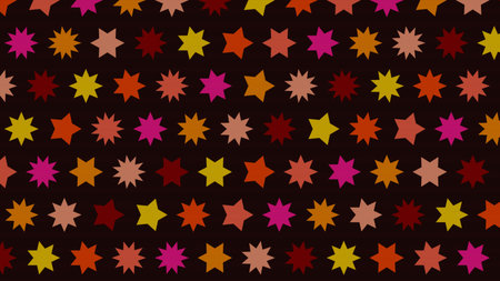 Seamless background pattern featuring rows of multi-colored stars on a dark brown backdrop. Stars vary in shade including pink, orange, yellow, and red hues.の写真素材