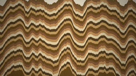 Digital illustration featuring an abstract pattern of undulating, horizontal wavy lines in various shades of brown and beige. The layered stripes create a dynamic, flowing visual effect with a subtle grainy texture.の写真素材
