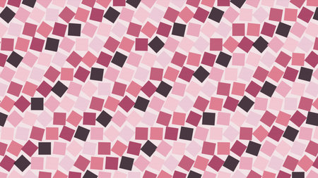 A seamless abstract background featuring a mosaic of tilted squares in various shades of pink, magenta, and dark purple, arranged randomly on a light pink striped background. The geometric pattern creates a modern and contemporary design.の写真素材