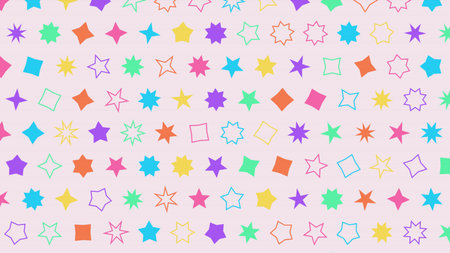 A vibrant and playful seamless pattern featuring various geometric shapes including stars, diamonds, and squares, in bright colors like purple, green, orange, pink, blue, and yellow. Some shapes are filled, while others are outlines. The pattern is set against a light pink background with subtle horizontal lines, creating a cheerful and dynamic texture.の写真素材