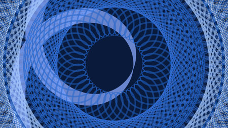A digital abstract background composed of swirling and interwoven blue lines forming concentric circular patterns against a dark blue backdrop.の写真素材