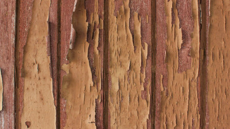 Close-up view of weathered wooden planks with paint peeling and flaking off, revealing the natural wood underneath. The surface shows signs of age and decay, creating a rustic background.の写真素材