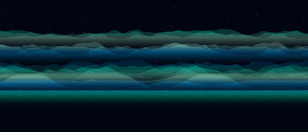 Night sky with mountains and sea. Vector illustration in flat style.の写真素材