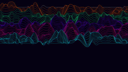 An abstract digital background featuring multiple layers of colorful, undulating lines creating a...