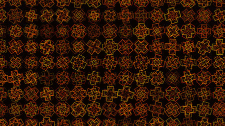 A seamless abstract pattern featuring overlapping geometric shapes, primarily squares and crosses, rendered in shades of orange, yellow, and red against a solid black background. The design creates a dynamic and modern visual texture, suitable for backgrounds, wallpapers, or digital art.の写真素材