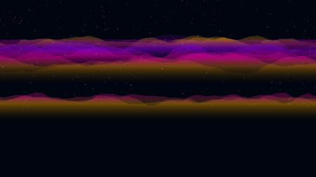 Digital artwork showcasing translucent, flowing wave patterns in vibrant shades of yellow, orange, purple, and magenta. The abstract forms are set against a dark background illuminated by numerous small white stars, creating a dynamic cosmic scene.の写真素材